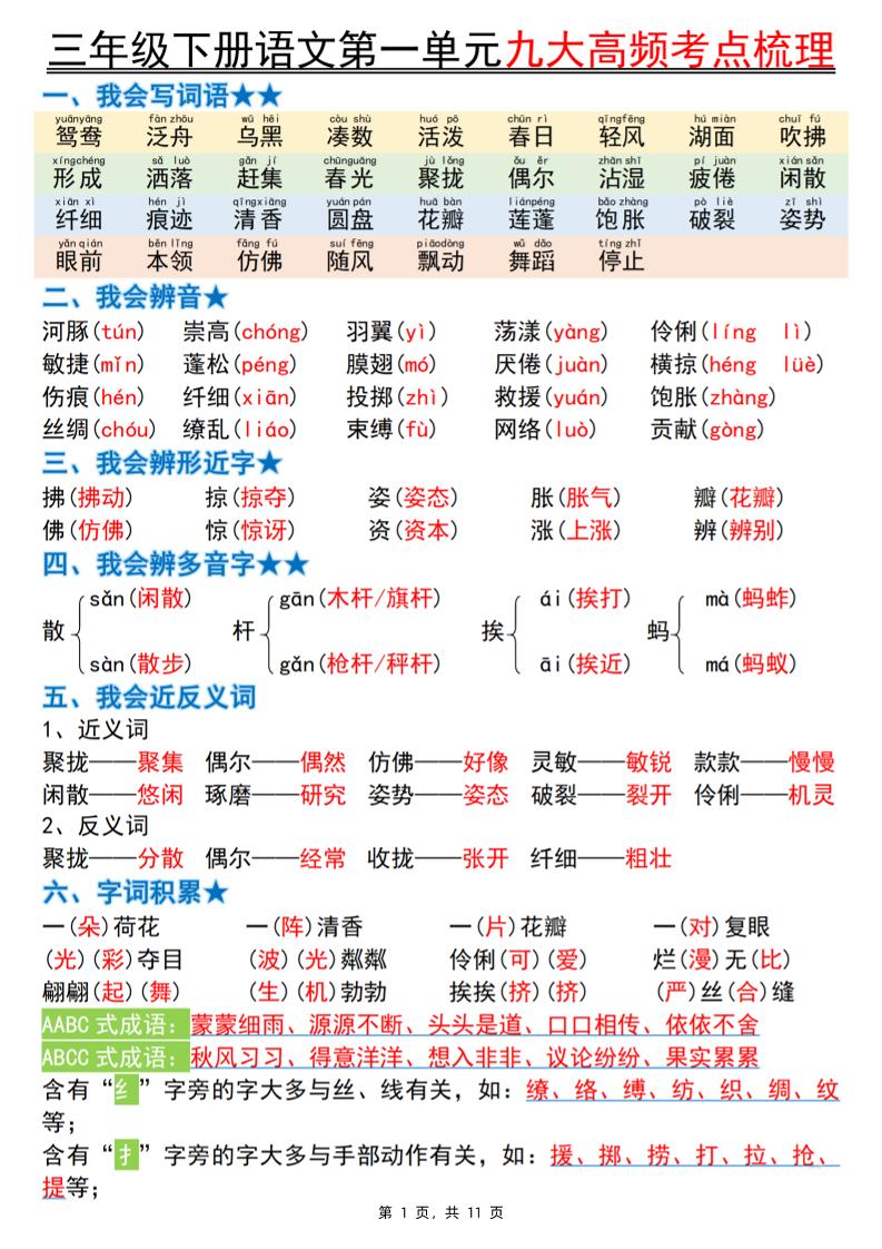 三下语文期中复习1-4单元高频考点梳理（11页）-汇流
