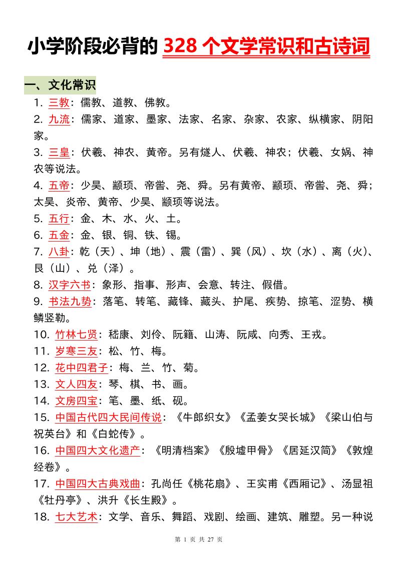 小升初语文必背的328个文学常识和古诗词-汇流