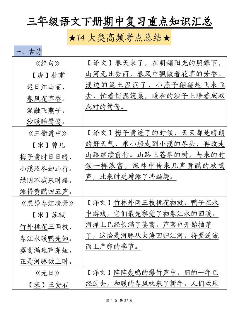 三下语文期中复习重点知识汇总-14大高频考点-汇流