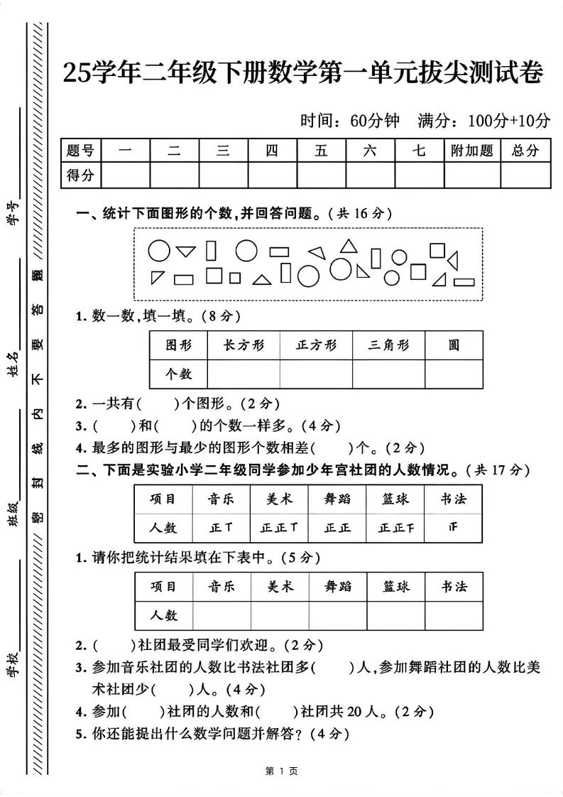 25二下数学第一单元拔尖测试卷1（含答案5页）人教-汇流