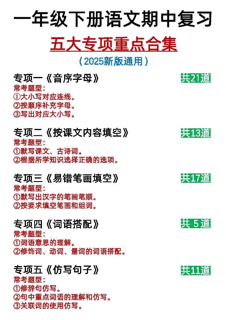 25新一下语文期中复习五大专项重点合集14页-汇流