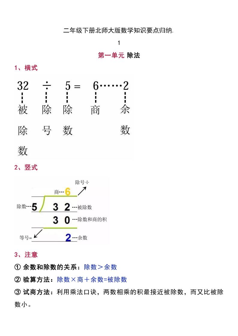 二下北师大版数学知识要点归纳-汇流