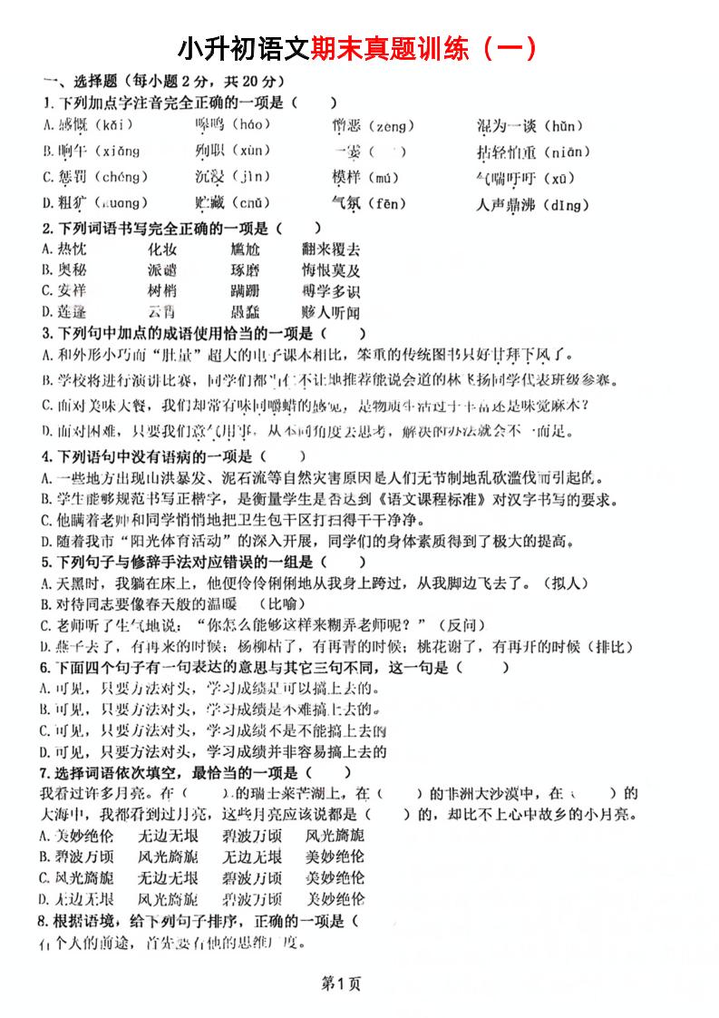 《小升初语文期末真题训练》-汇流