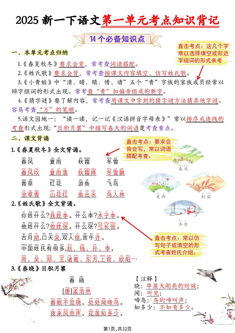 25新一下语文1-8单元考点知识背记（32页）-汇流