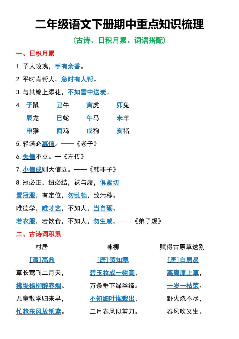 二年级语文下册期中重点知识梳理6页-汇流