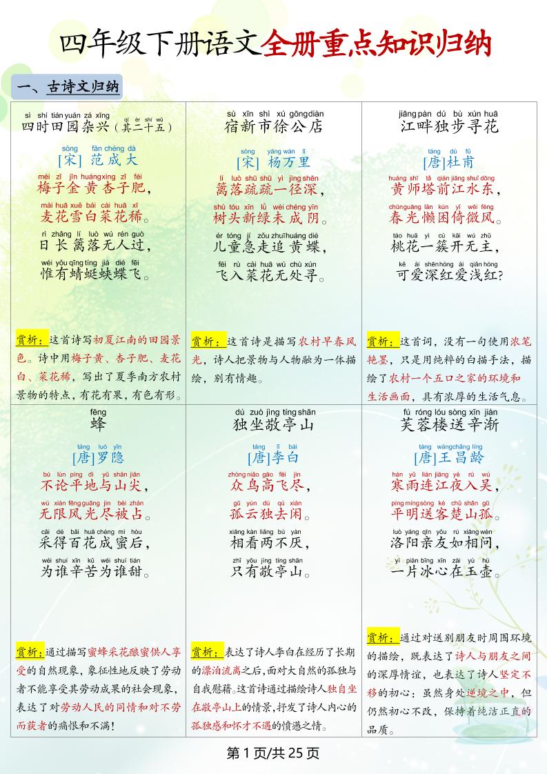 四下语文全册重点知识归纳-汇流