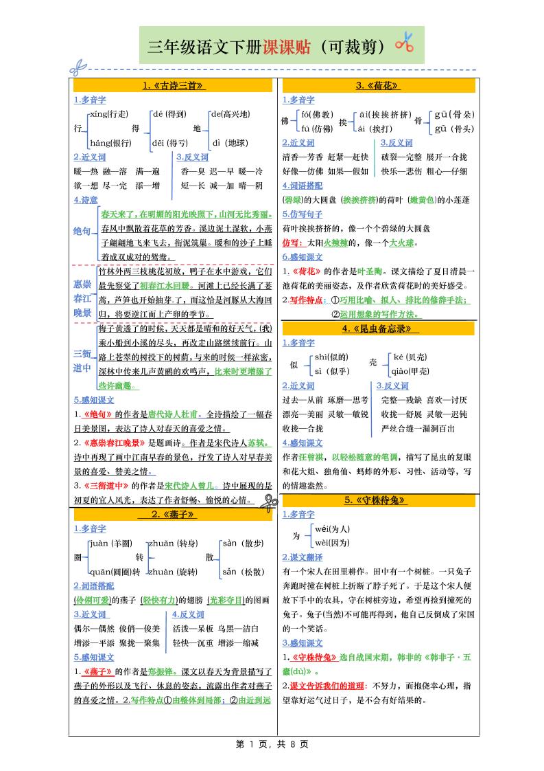 三下语文全册彩色版课课贴（1-28课）8页-汇流