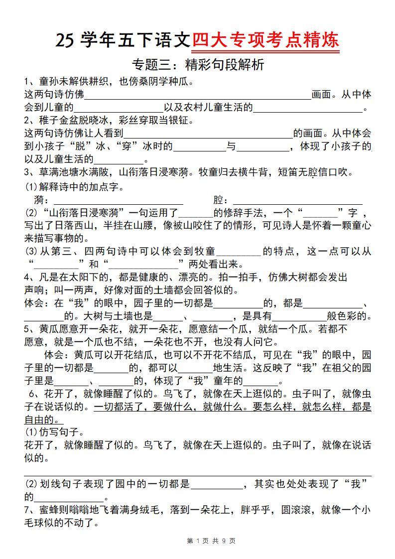 25学年五下语文四大专项考点精炼（专题三：精彩句段解析）-汇流