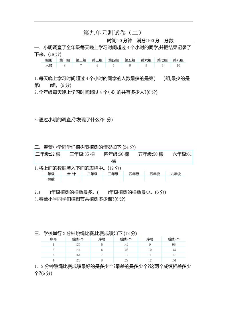 三下苏教版数学第九单元检测卷-2-汇流