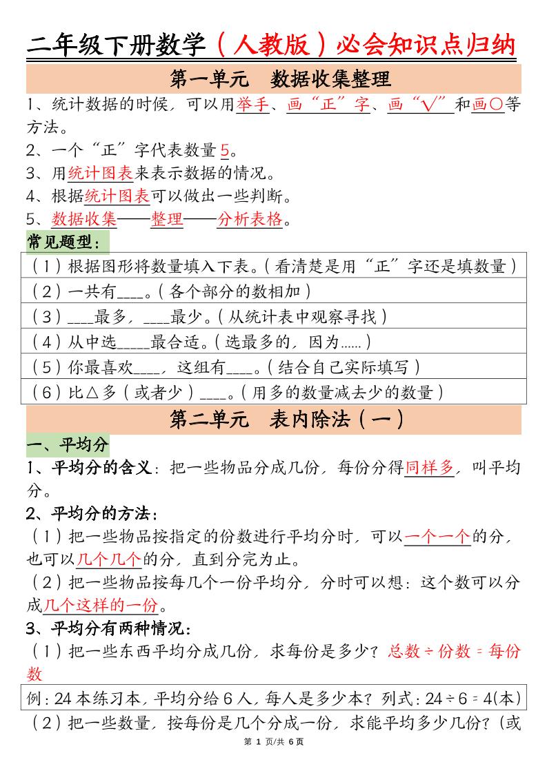 二下数学【人教版】必会【知识点】归纳总结6页-汇流