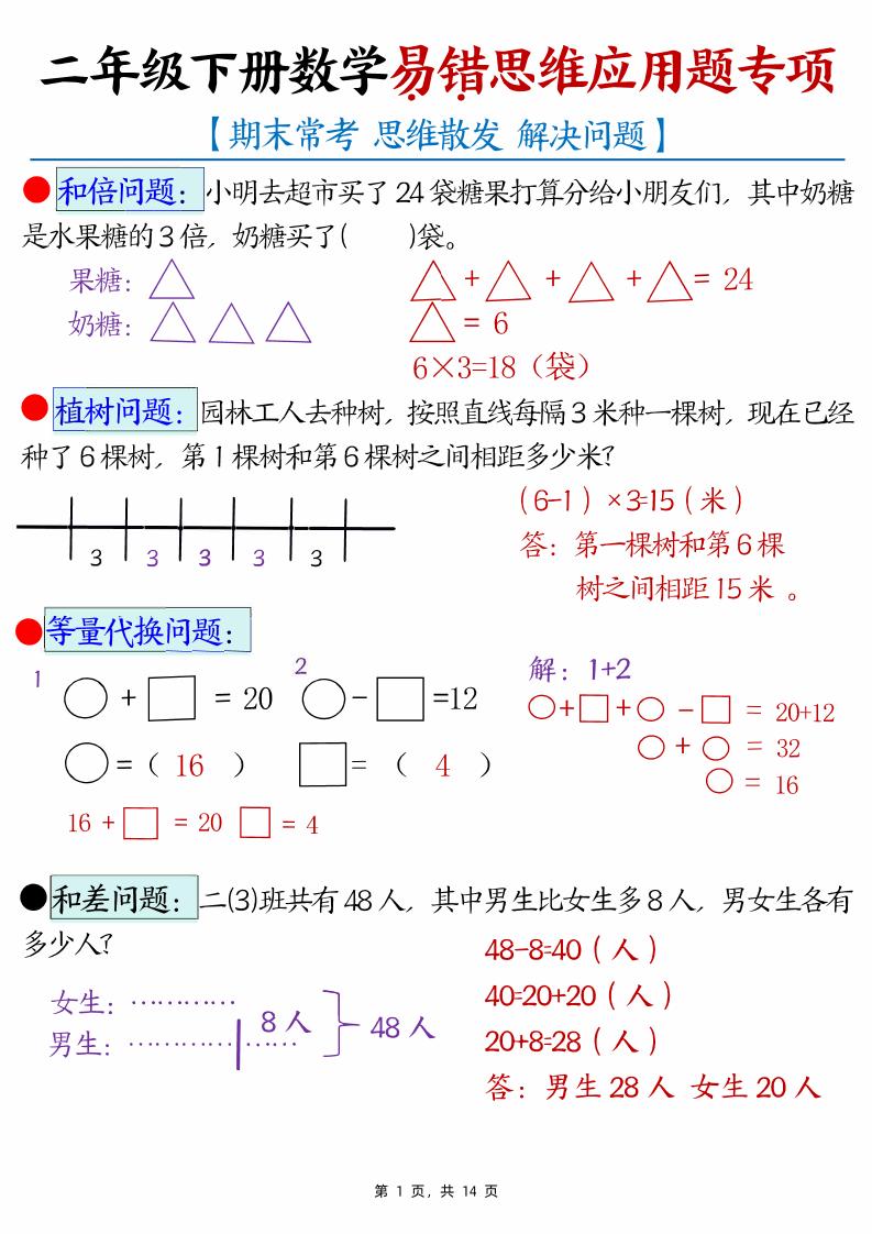 （期末常考30道母题）二年级下册数学易错思维应用题专项（练习题+答案）-汇流