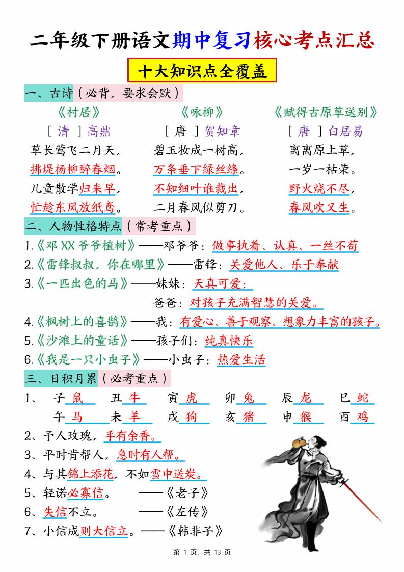 二下语文期中复习核心考点汇总（10大知识点）13页-汇流