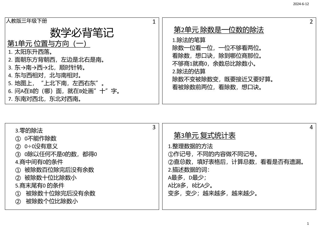 三年级数学下册必背笔记课课贴（4图）-汇流