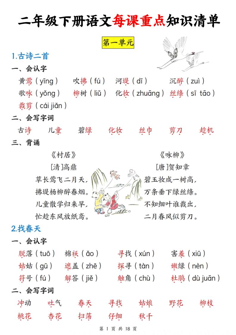 二下语文每课重点知识清单（18页）(4)-汇流