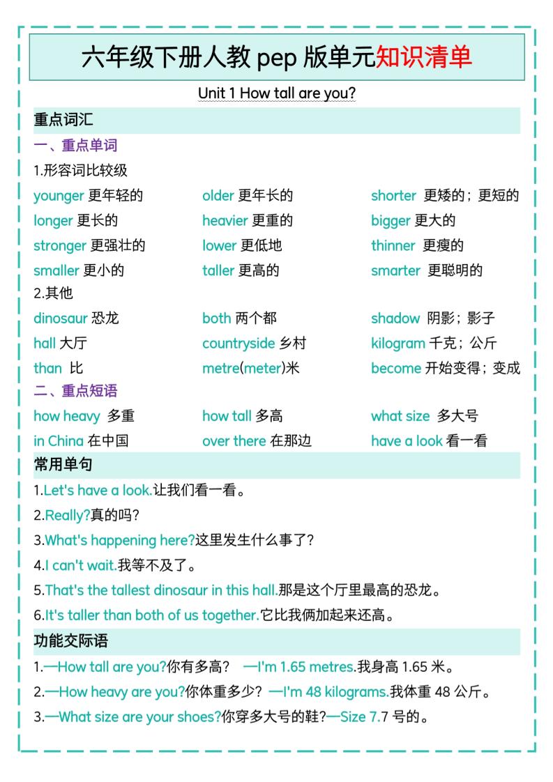 六下英语人教pep版单元知识清单-汇流