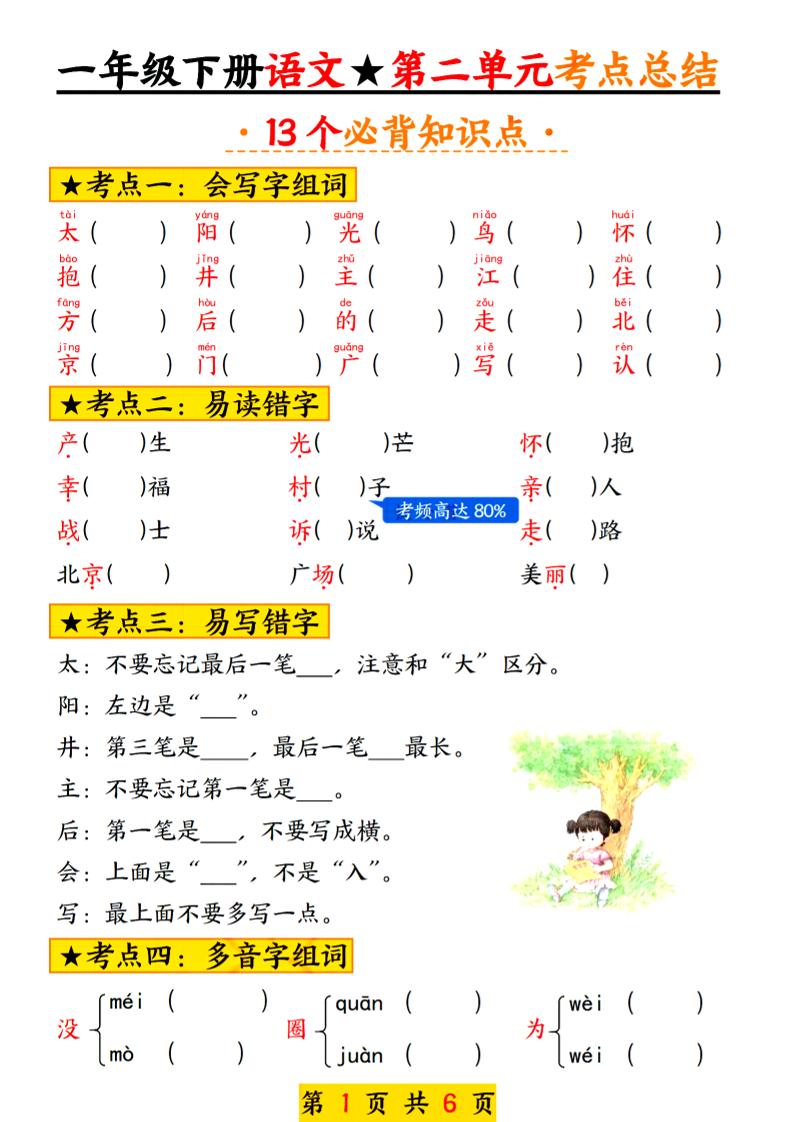 2025新版一年级语文下册第二单元考点总结13个必背-汇流