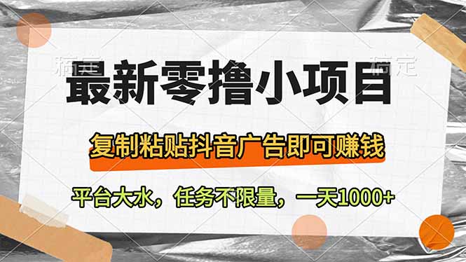 最新零撸小项目，复制粘贴抖音广告即可赚钱，平台大水，任务不限量，一...-汇流
