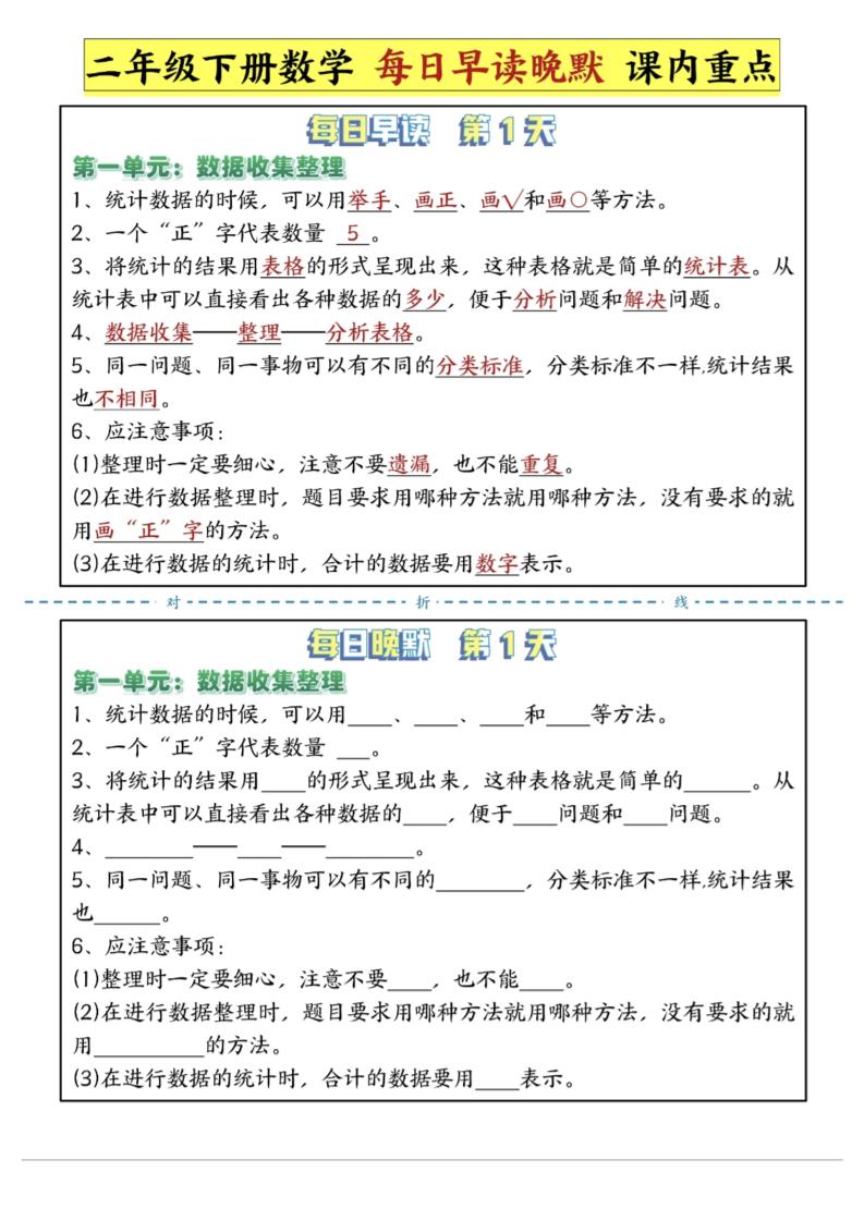二年级下数学重点每日早读晚默（14页）-高清无水印完整版本-汇流