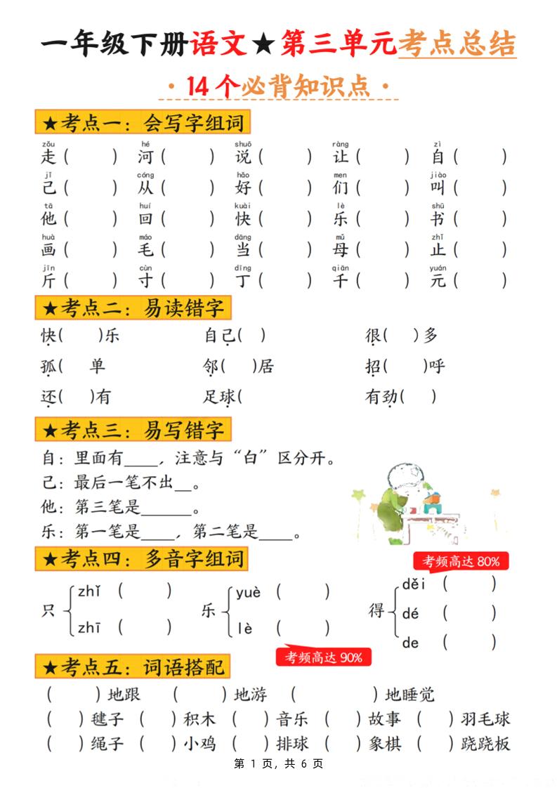 一下语文第三单元考点总结（含练习6页）-汇流