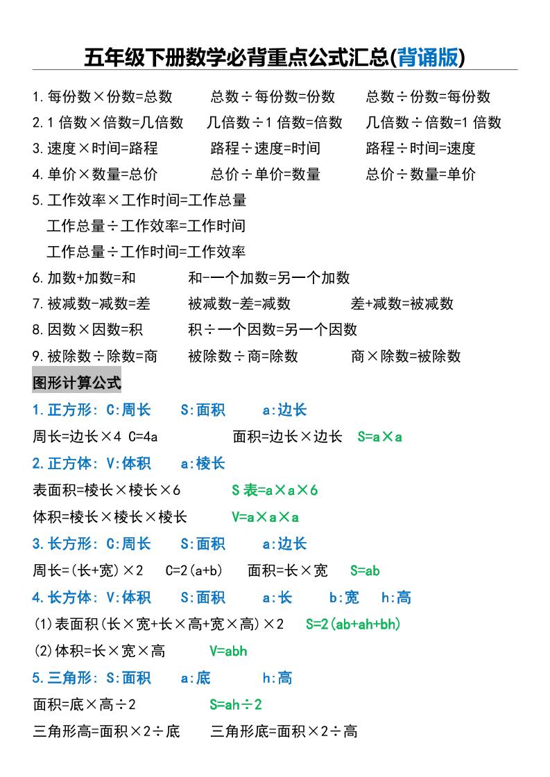五年级下册数学必背重点公式汇总-汇流